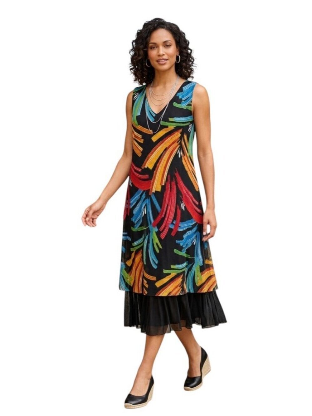 KOZAN Women's Size XL Black Multicolor Abstract Double-Layer Midi Dress Sleevele